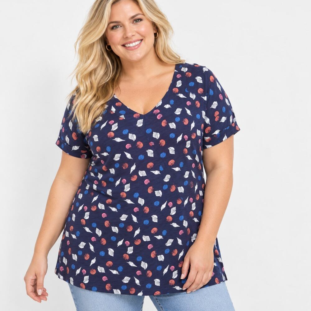 Lane Bryant Easy V-Neck Tee Womens Size 18/20 Navy Seashell Cotton Knit Top 2X